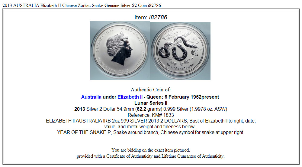 2013 AUSTRALIA Elizabeth II Chinese Zodiac Snake Genuine Silver $2 Coin i82786