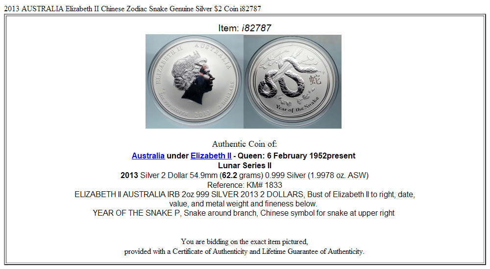 2013 AUSTRALIA Elizabeth II Chinese Zodiac Snake Genuine Silver $2 Coin i82787