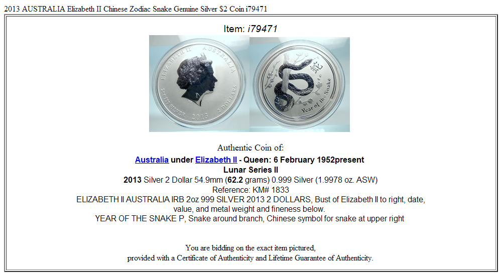 2013 AUSTRALIA Elizabeth II Chinese Zodiac Snake Genuine Silver $2 Coin i79471