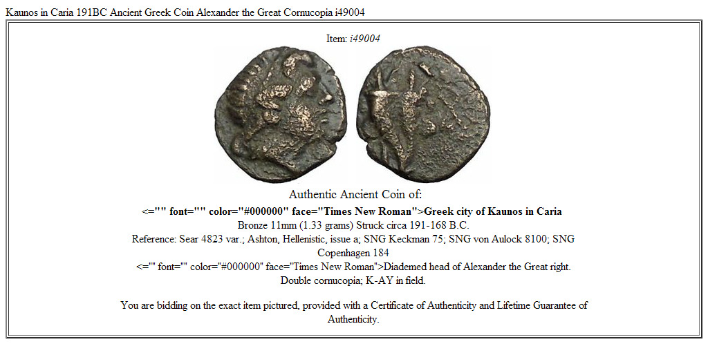 Kaunos in Caria 191BC Ancient Greek Coin Alexander the Great Cornucopia i49004