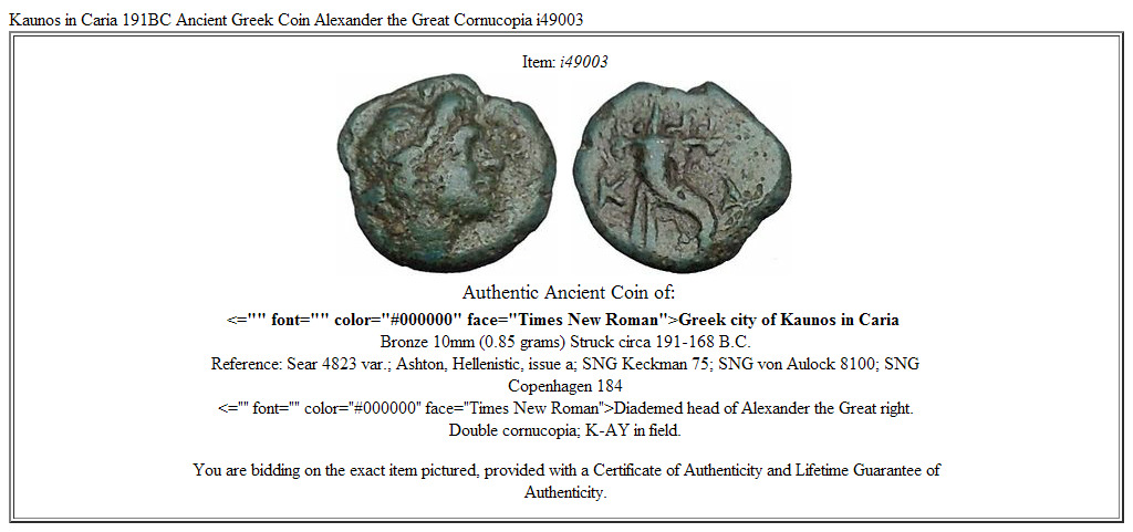 Kaunos in Caria 191BC Ancient Greek Coin Alexander the Great Cornucopia i49003