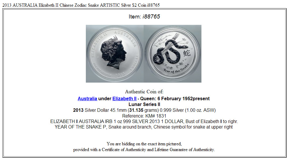 2013 AUSTRALIA Elizabeth II Chinese Zodiac Snake ARTISTIC Silver $2 Coin i88765