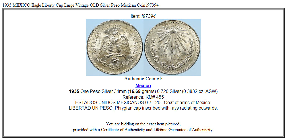 1935 MEXICO Eagle Liberty Cap Large Vintage OLD Silver Peso Mexican Coin i97394