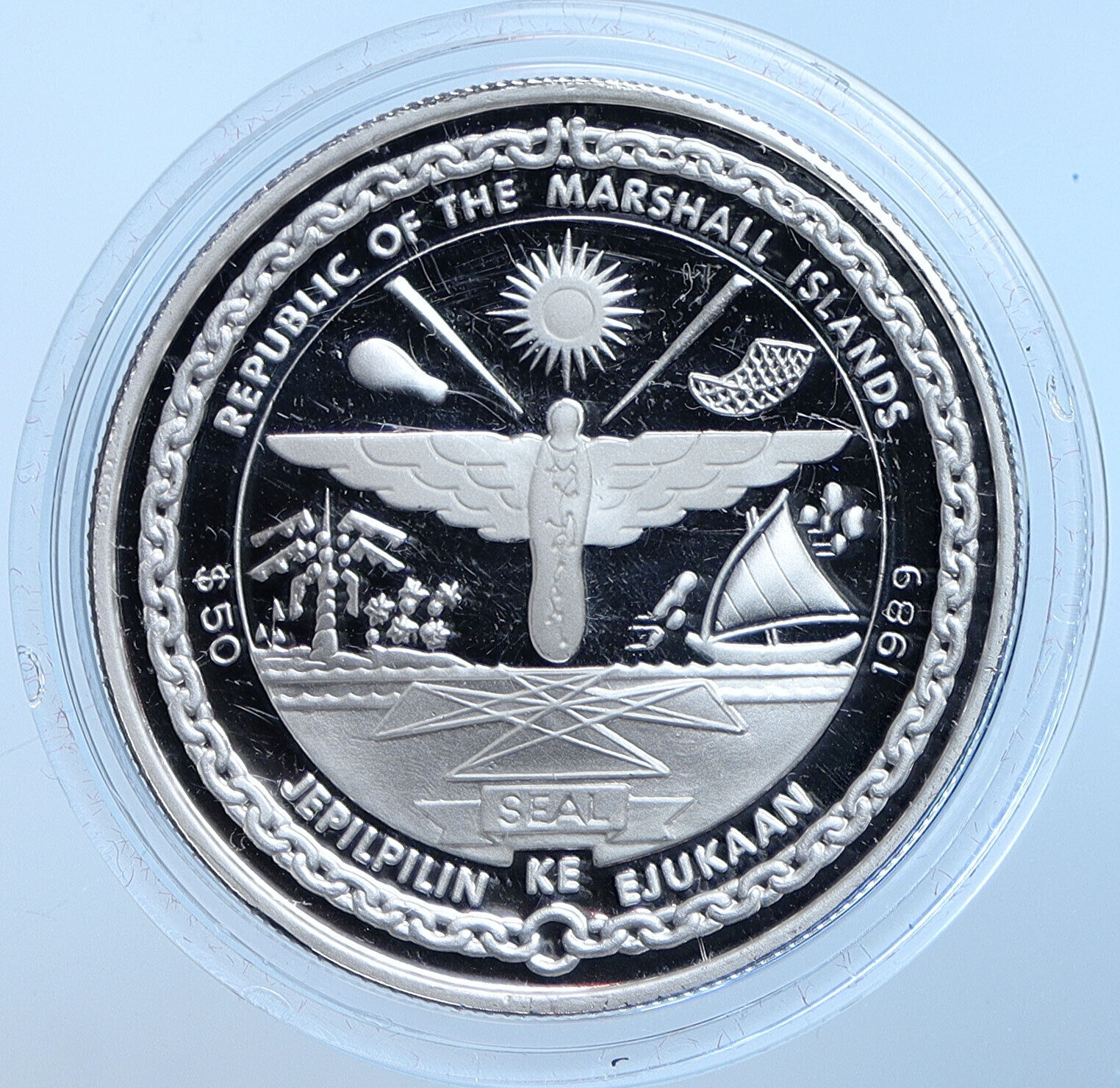 1989 MARSHALL ISLANDS Apollo 8 Moon Orbit Proof Silver 50 Dollars Coin i114633