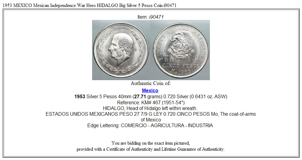 1953 MEXICO Mexican Independence War Hero HIDALGO Big Silver 5 Pesos Coin i90471