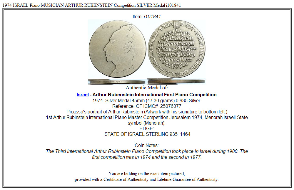 1974 ISRAEL Piano MUSICIAN ARTHUR RUBENSTEIN Competition SILVER Medal i101841