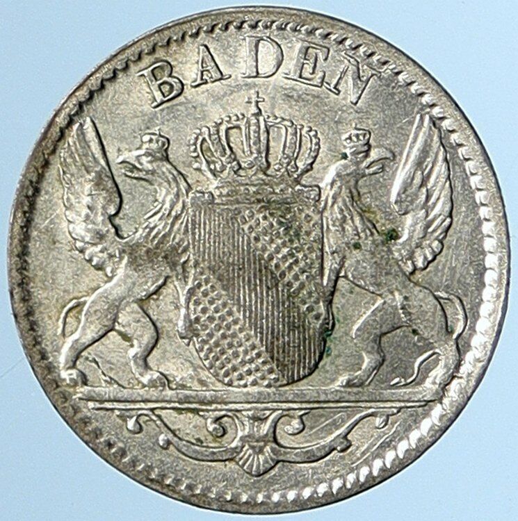 1845 GERMAN STATE BADEN Grand Duke LEOPOLD I Old Silver 3 Kreuzer Coin i107481