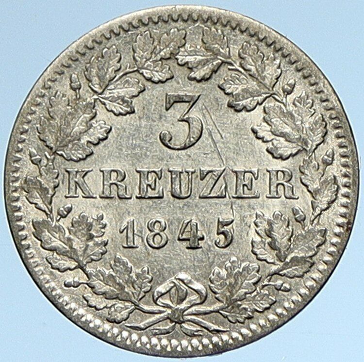 1845 GERMAN STATE BADEN Grand Duke LEOPOLD I Old Silver 3 Kreuzer Coin i107481