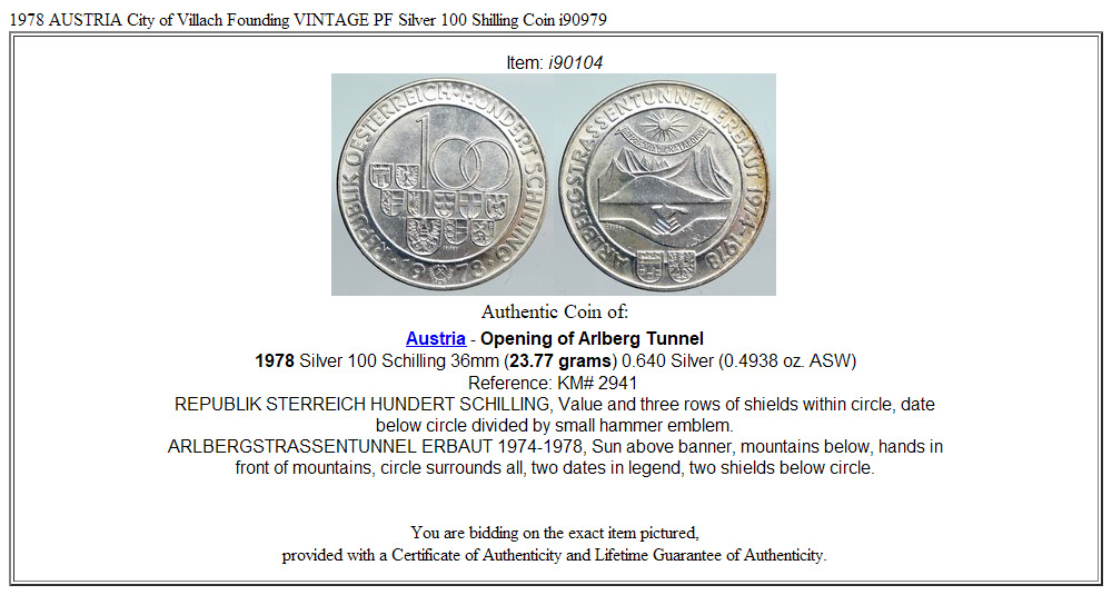 1978 AUSTRIA City of Villach Founding VINTAGE PF Silver 100 Shilling Coin i90979