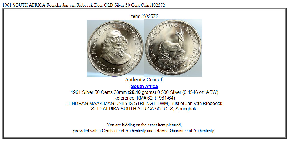 1961 SOUTH AFRICA Founder Jan van Riebeeck Deer OLD Silver 50 Cent Coin i102572