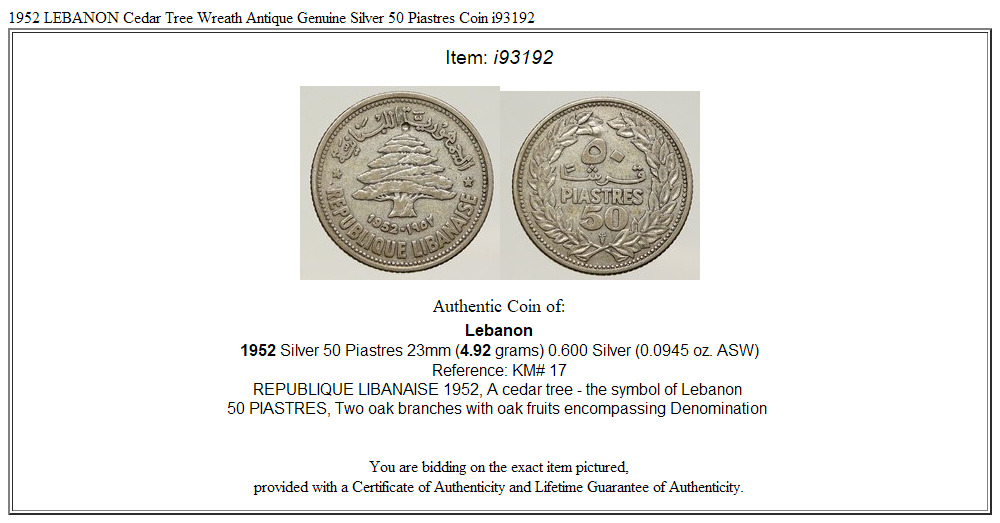 1952 LEBANON Cedar Tree Wreath Antique Genuine Silver 50 Piastres Coin i93192