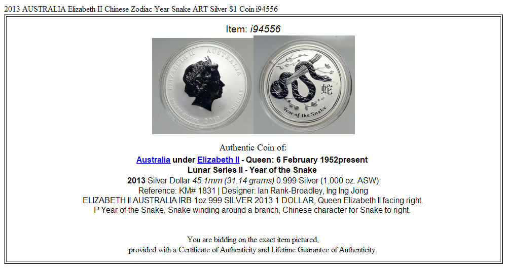 2013 AUSTRALIA Elizabeth II Chinese Zodiac Year Snake ART Silver $1 Coin i94556