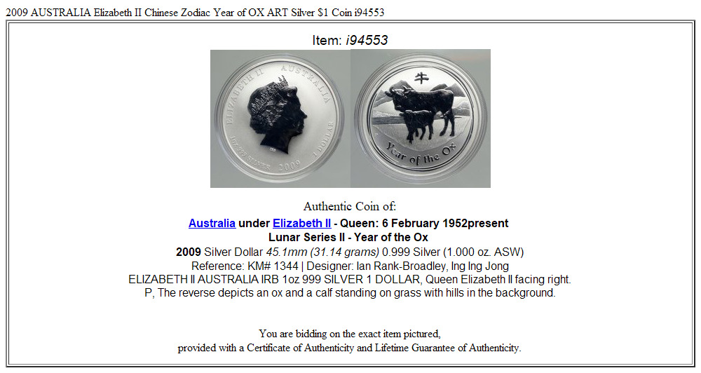 2009 AUSTRALIA Elizabeth II Chinese Zodiac Year of OX ART Silver $1 Coin i94553