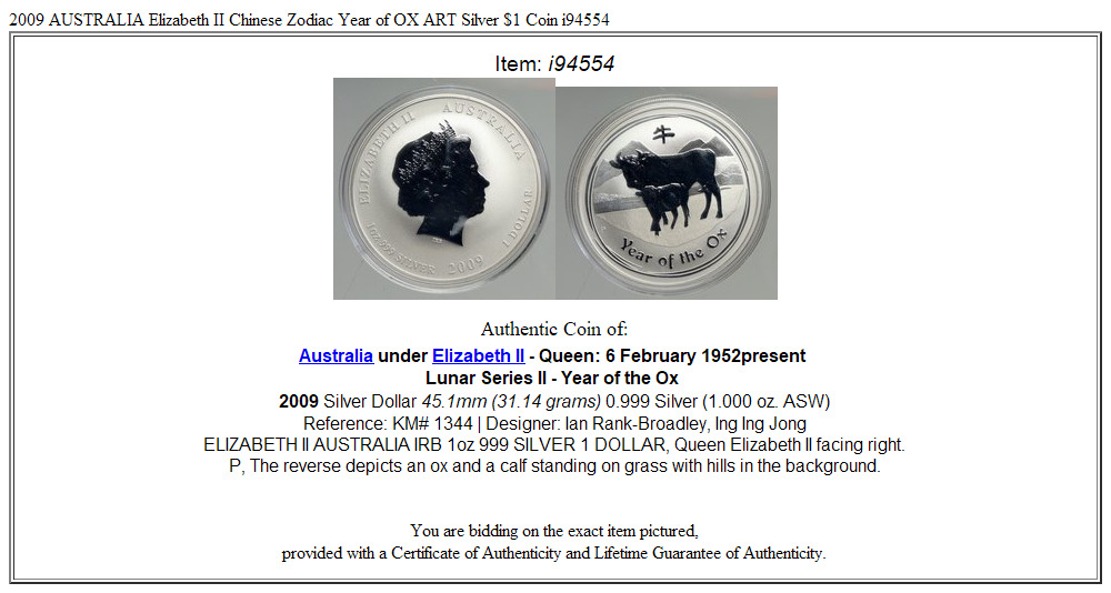 2009 AUSTRALIA Elizabeth II Chinese Zodiac Year of OX ART Silver $1 Coin i94554