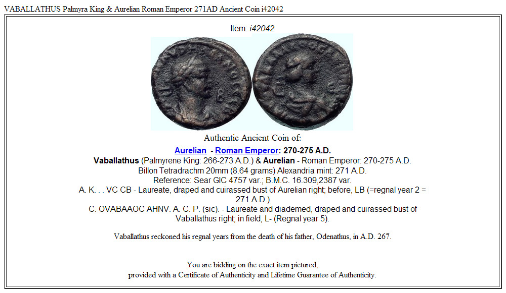 VABALLATHUS Palmyra King & Aurelian Roman Emperor 271AD Ancient Coin i42042