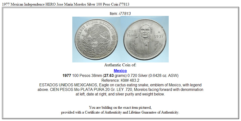 1977 Mexican Independence HERO Jose Maria Morelos Silver 100 Peso Coin i77813