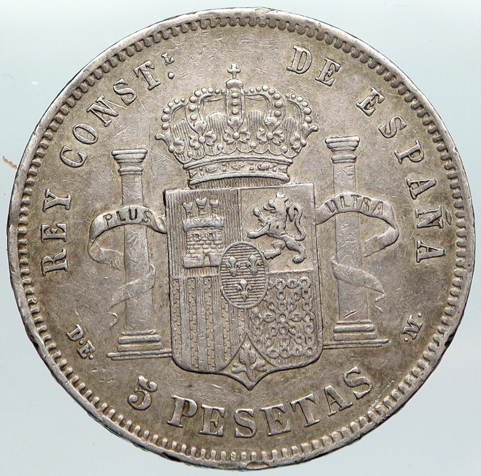 1877 SPAIN w King ALFONSO XII Antique OLD Silver 5 Pesetas SPANISH Coin i89201