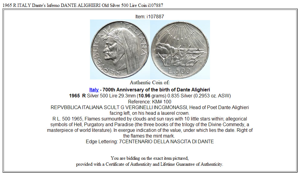 1965 R ITALY Dante's Inferno DANTE ALIGHIERI Old Silver 500 Lire Coin i107887