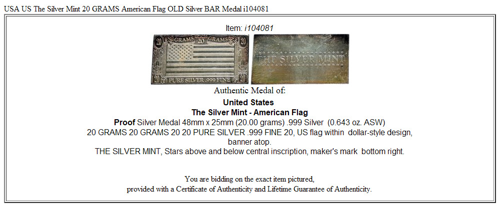 USA US The Silver Mint 20 GRAMS American Flag OLD Silver BAR Medal i104081