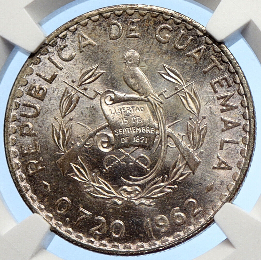 1962 GUATEMALA Bird on Pillar OLD Vintage Silver 50 Centavos NGC Coin i106274