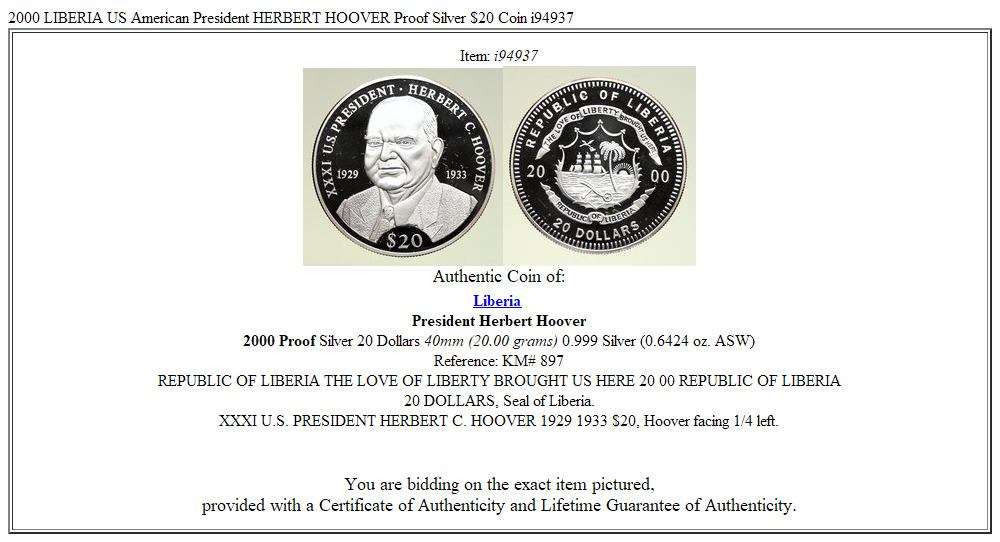 2000 LIBERIA US American President HERBERT HOOVER Proof Silver $20 Coin i94937