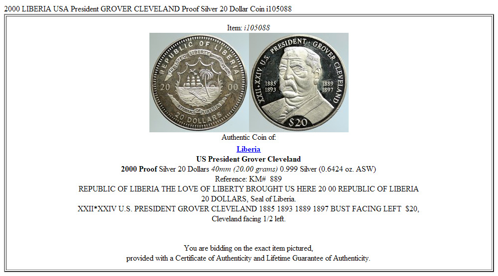 2000 LIBERIA USA President GROVER CLEVELAND Proof Silver 20 Dollar Coin i105088