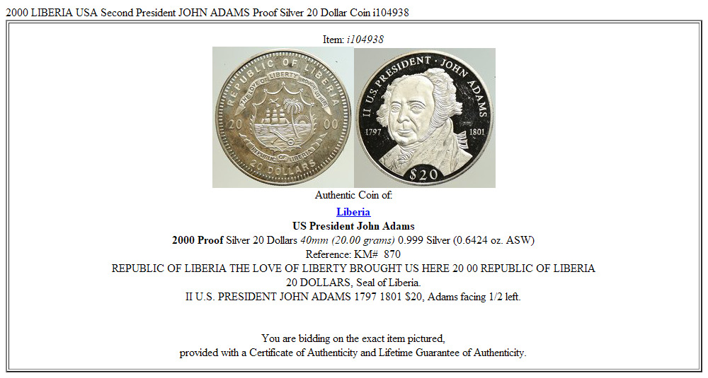 2000 LIBERIA USA Second President JOHN ADAMS Proof Silver 20 Dollar Coin i104938