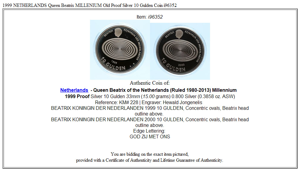 1999 NETHERLANDS Queen Beatrix MILLENIUM Old Proof Silver 10 Gulden Coin i96352