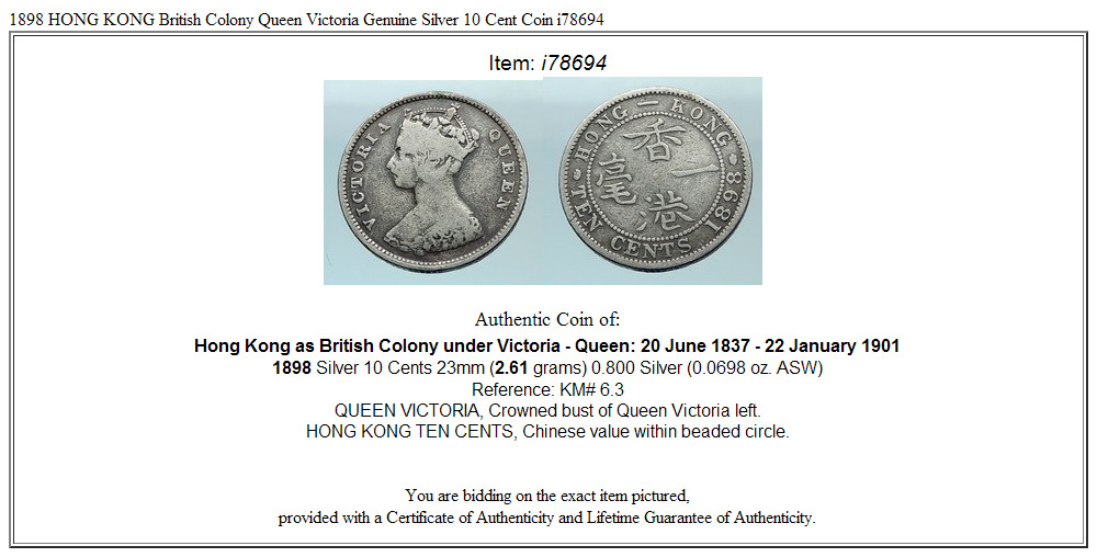 1898 HONG KONG British Colony Queen Victoria Genuine Silver 10 Cent Coin i78694