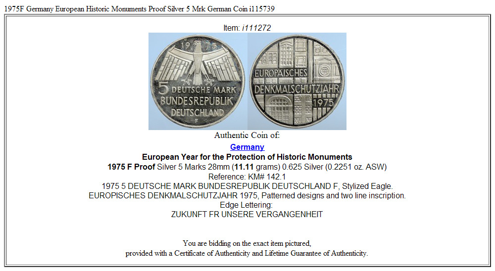 1975F Germany European Historic Monuments Proof Silver 5 Mrk German Coin i115739