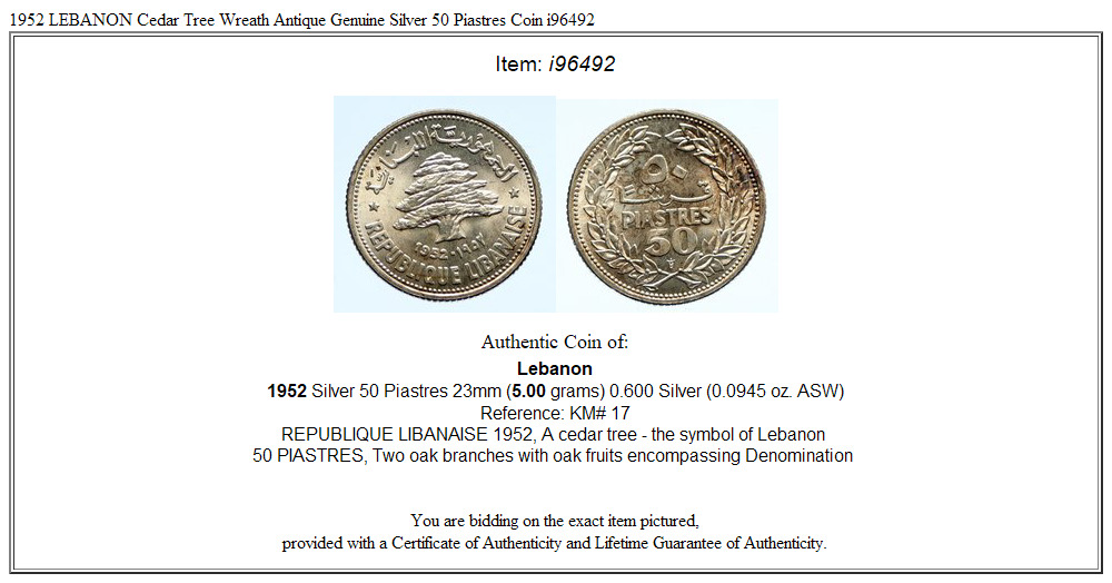 1952 LEBANON Cedar Tree Wreath Antique Genuine Silver 50 Piastres Coin i96492