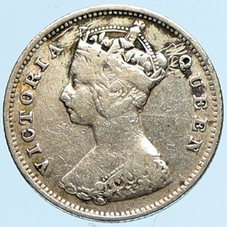 1899 HONG KONG British Colony Queen Victoria ANTIQUE Silver 10 Cent Coin i97589