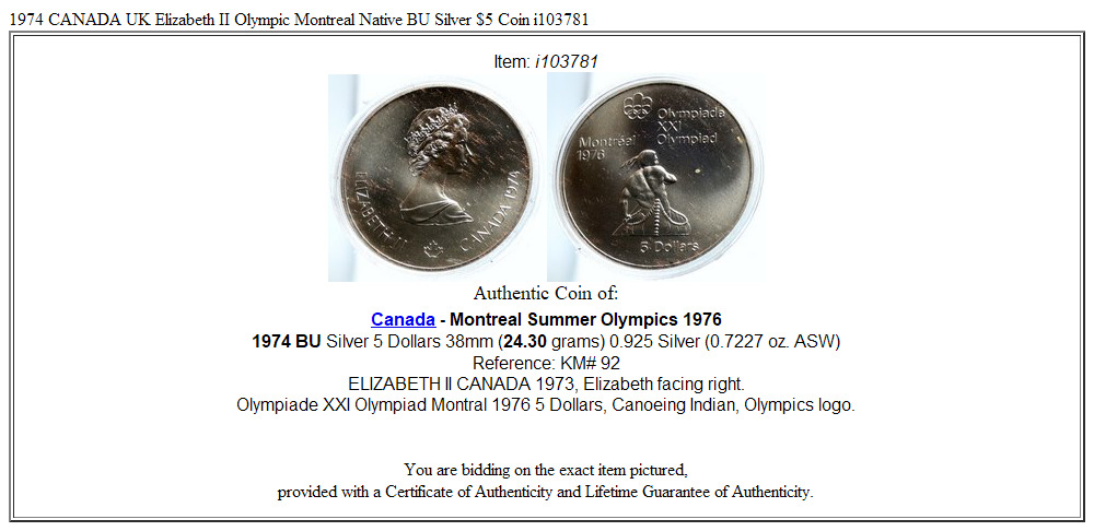 1974 CANADA UK Elizabeth II Olympic Montreal Native BU Silver $5 Coin i103781