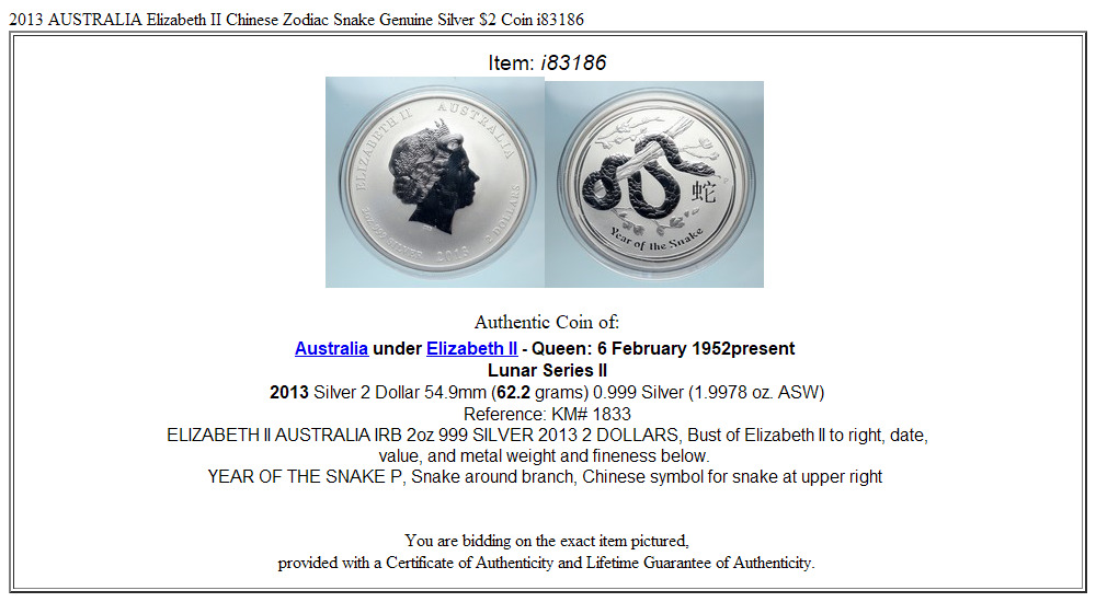 2013 AUSTRALIA Elizabeth II Chinese Zodiac Snake Genuine Silver $2 Coin i83186