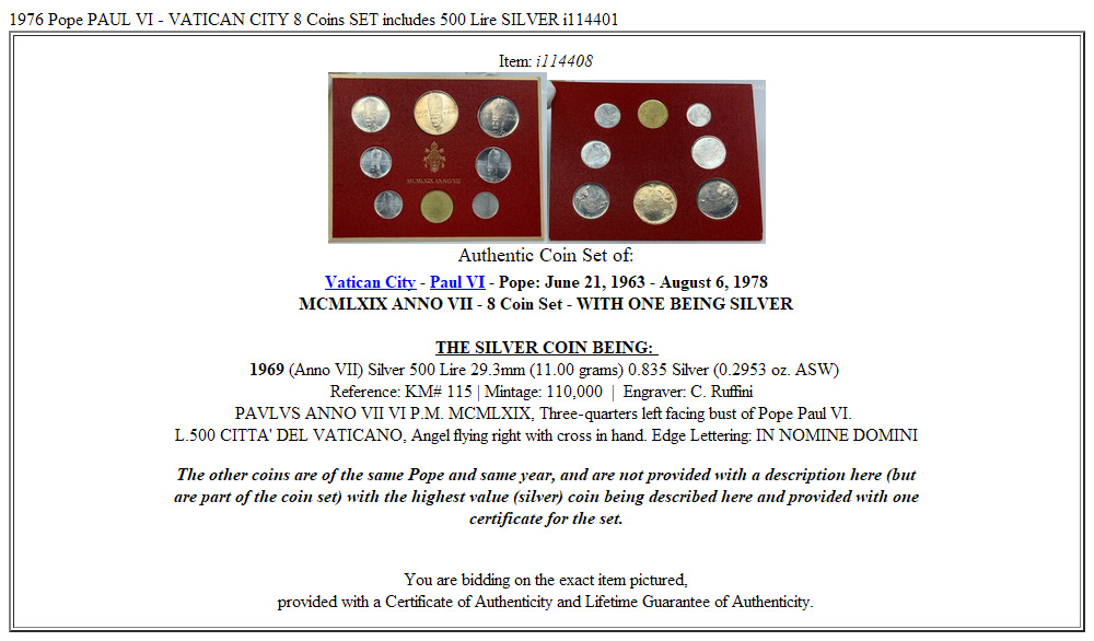 1976 Pope PAUL VI - VATICAN CITY 8 Coins SET includes 500 Lire SILVER i114401