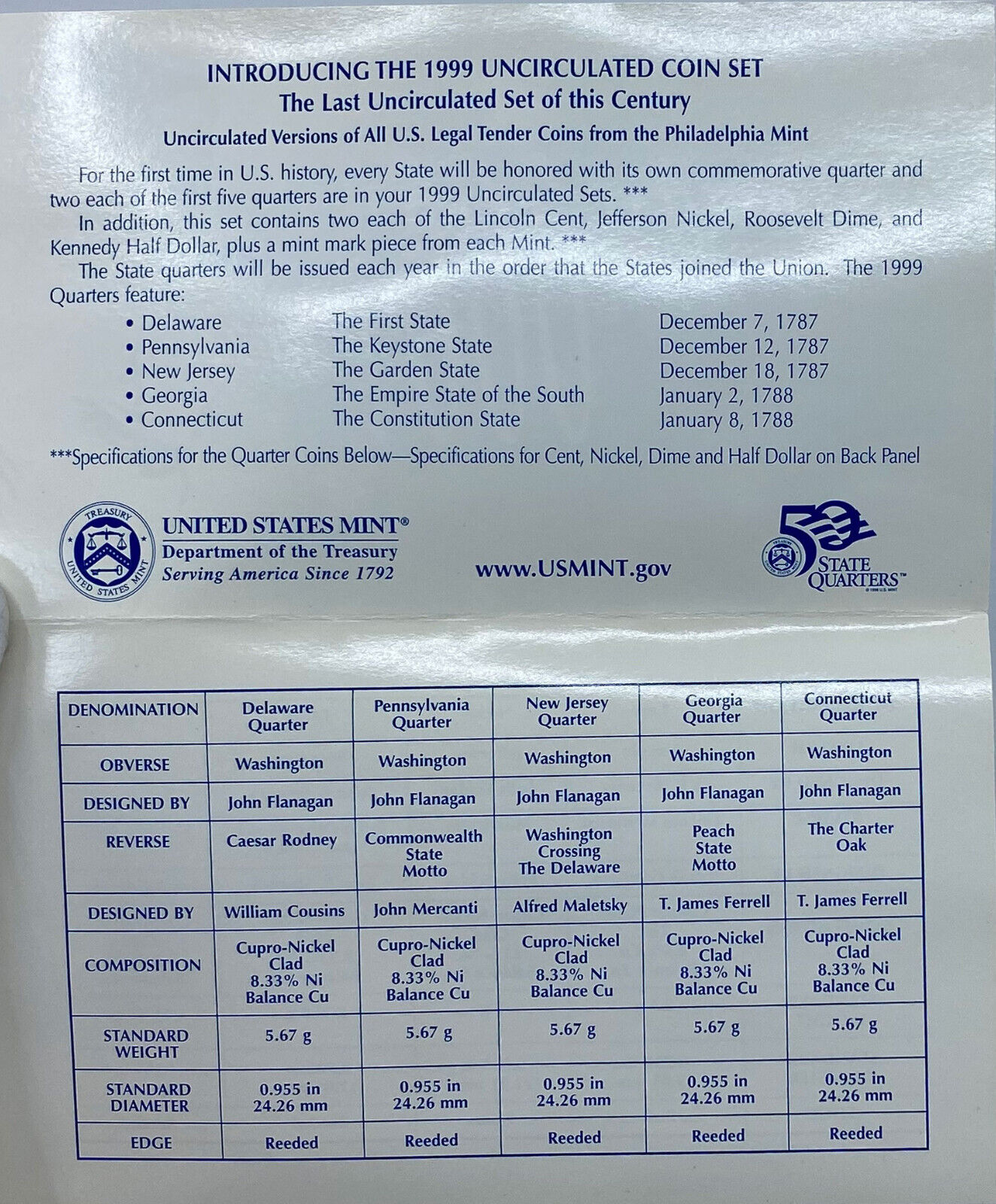 1999 United States of America US Mint COINS Set with STATE QUARTERS i121383