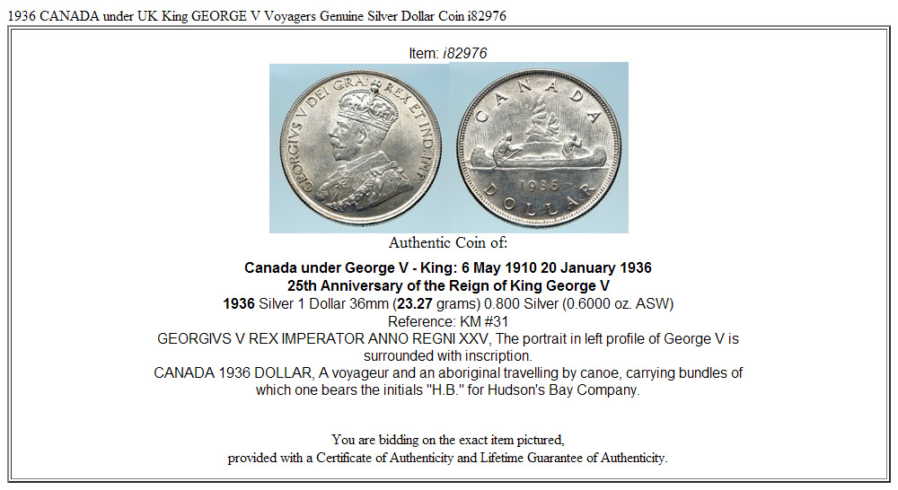 1936 CANADA under UK King GEORGE V Voyagers Genuine Silver Dollar Coin i82976