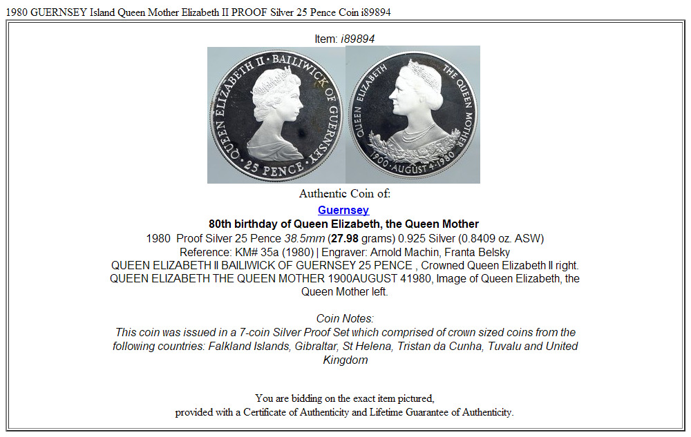 1980 GUERNSEY Island Queen Mother Elizabeth II PROOF Silver 25 Pence Coin i89894