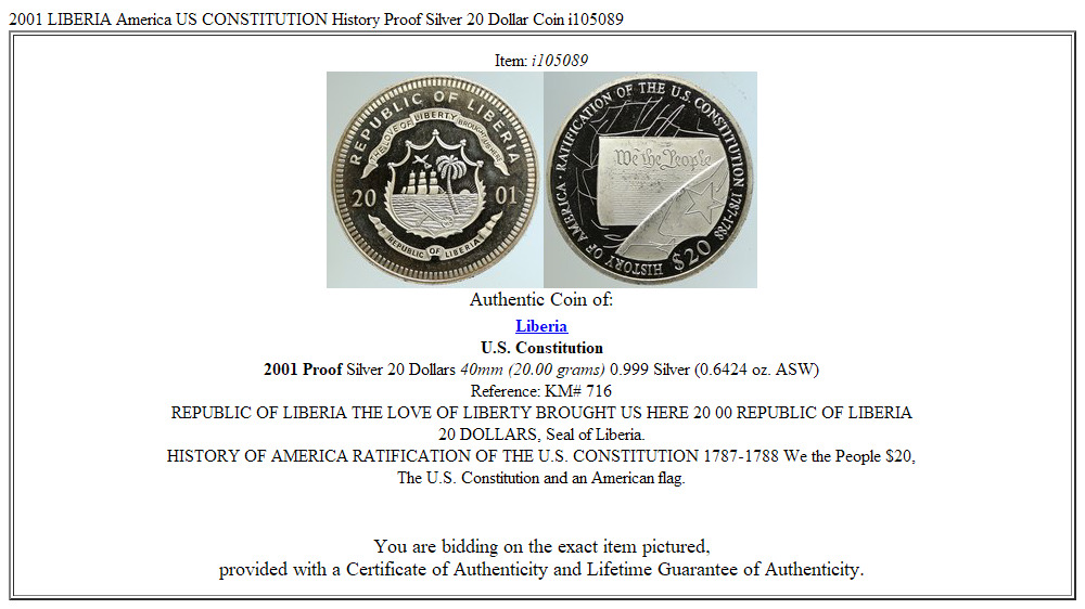 2001 LIBERIA America US CONSTITUTION History Proof Silver 20 Dollar Coin i105089