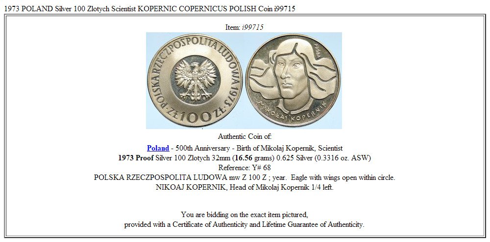 1973 POLAND Silver 100 Zlotych Scientist KOPERNIC COPERNICUS POLISH Coin i99715