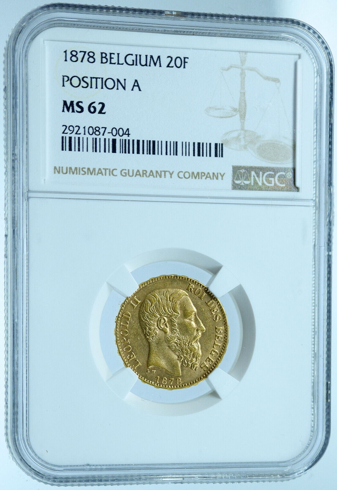 1878 BELGIUM King LEOPOLD II GOLD 0.18oz Antique 20 Francs Coin NGC i121428